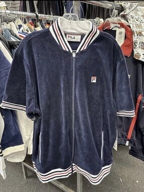 Vintage 90’s Fila Velour Navy Short Sleeve Zip-Up & Shorts Tracksuit Size LG